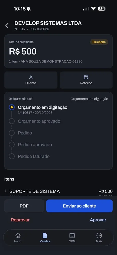 Orçamento com a trilha de onde a venda está