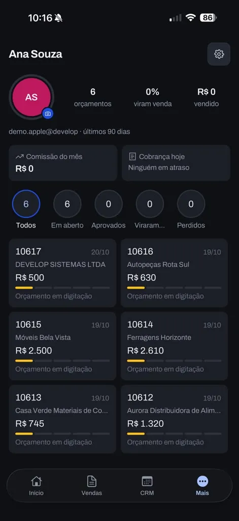 Carteira do vendedor com os orçamentos