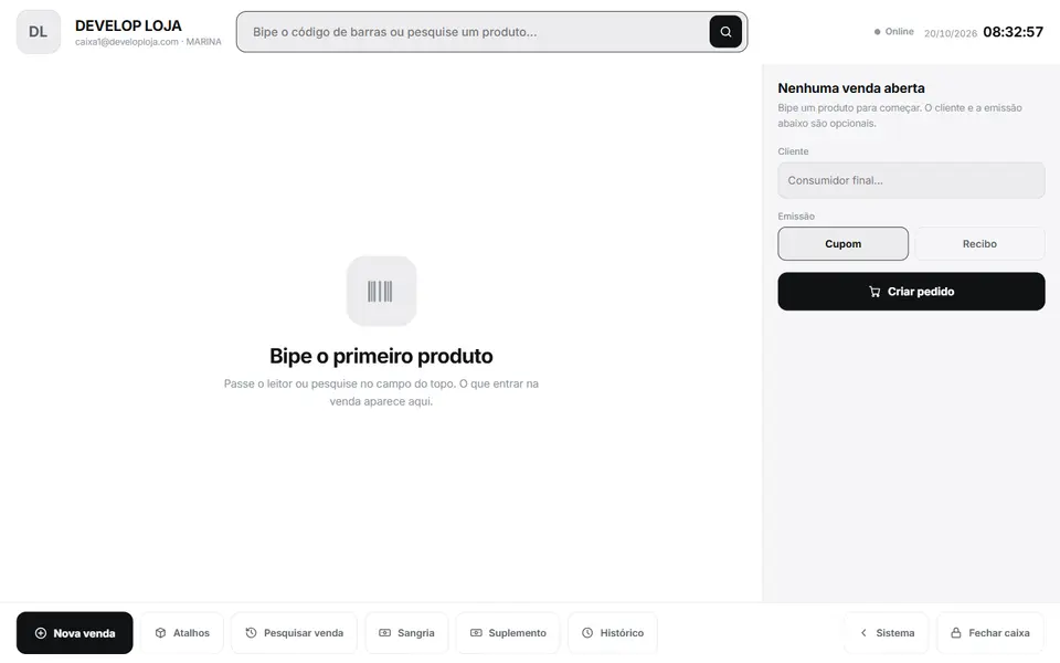 A tela do caixa do Develop, pronta para a primeira venda